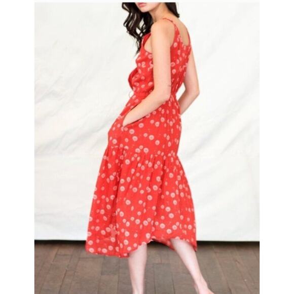 TROVATA Birds of Paradis Sz L Large Red Dandelion Floral Print Faux Wrap Dress S - Picture 1 of 9
